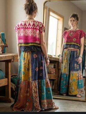 Upcycled Kantha Quilt Cropped Top S-M Handmade Dont Throw It Out